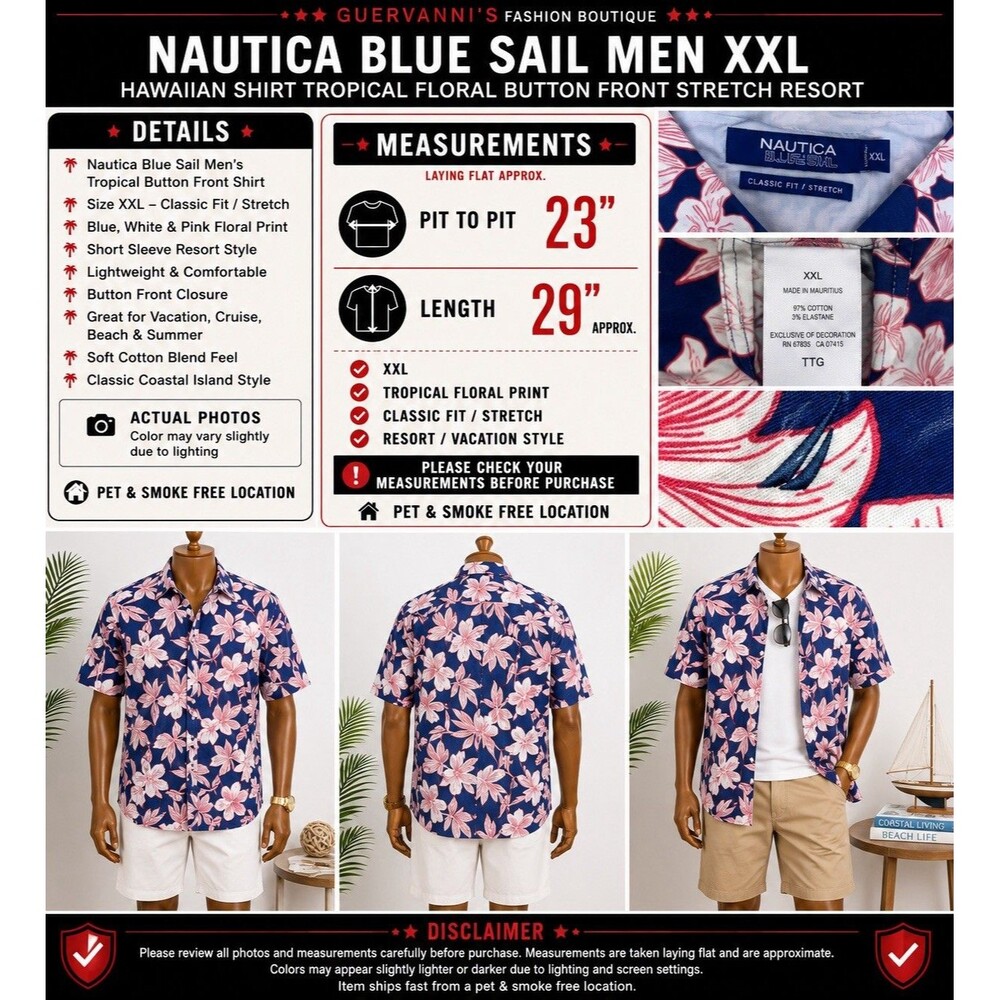 Nautica Blue Sail Men XXL Hawaiian Shirt Tropical Floral Button Front Stretch